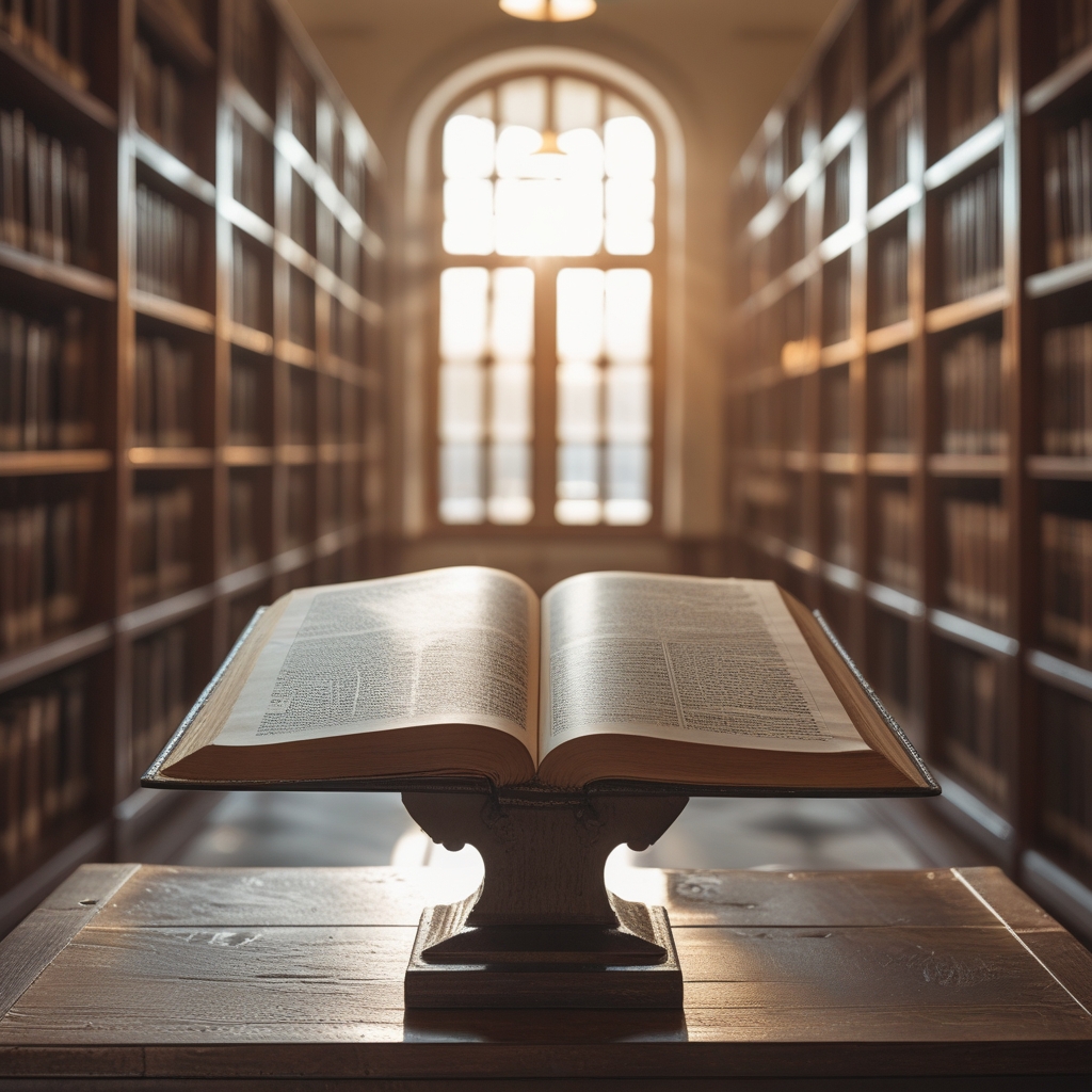 Open leather-bound book on a wooden reading stand in a quiet library room with warm afternoon light falling across the pages