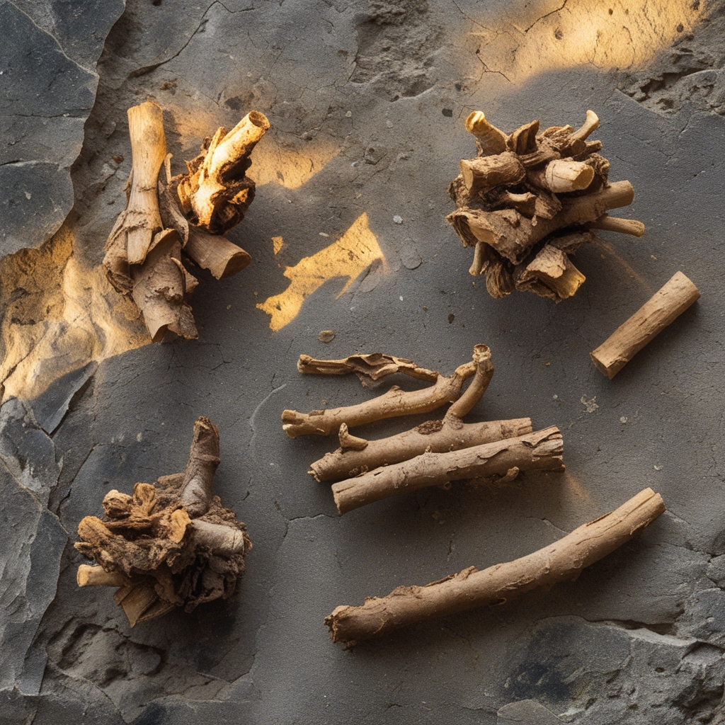 Dried adaptogenic plant roots and bark pieces arranged on a rough natural stone surface with warm directional light emphasizing textures and earth tones