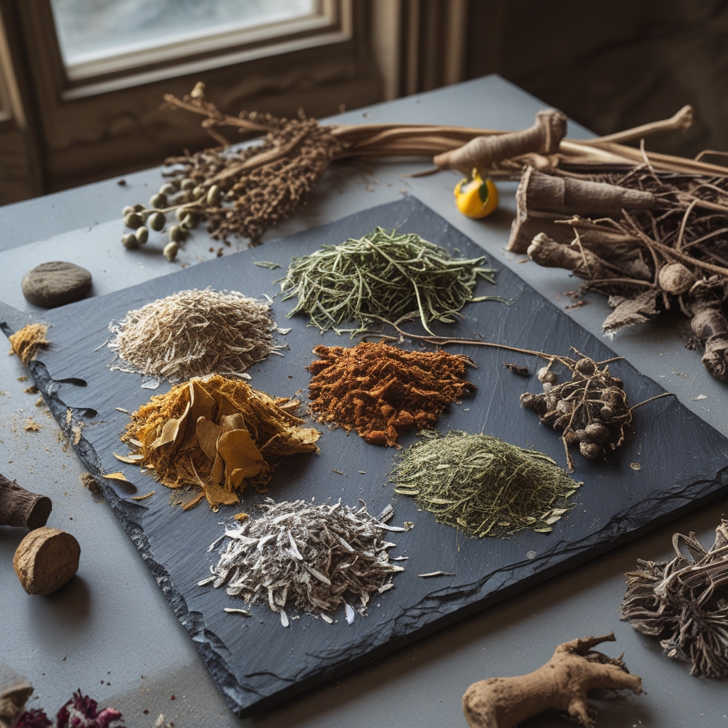 Close-up of various dried botanical herbs, roots, and plant extracts arranged on a dark slate surface with soft studio lighting revealing textures and colors