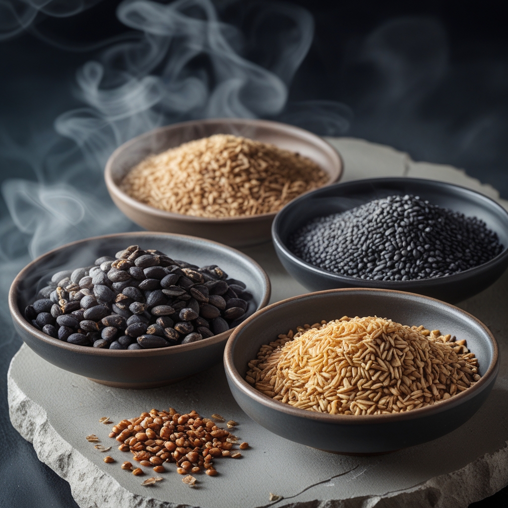 Collection of mineral-rich natural foods including dark seeds, dried legumes, and whole grains in small ceramic bowls on a pale stone surface with natural daylight