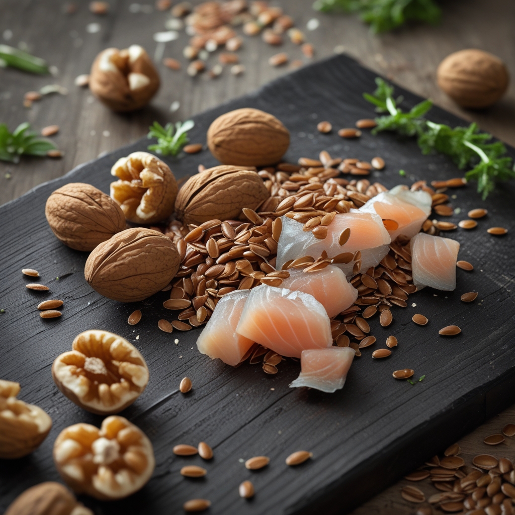 Close-up of walnuts, flaxseeds, and fish pieces arranged naturally on a dark wooden board with scattered green herbs and soft natural lighting