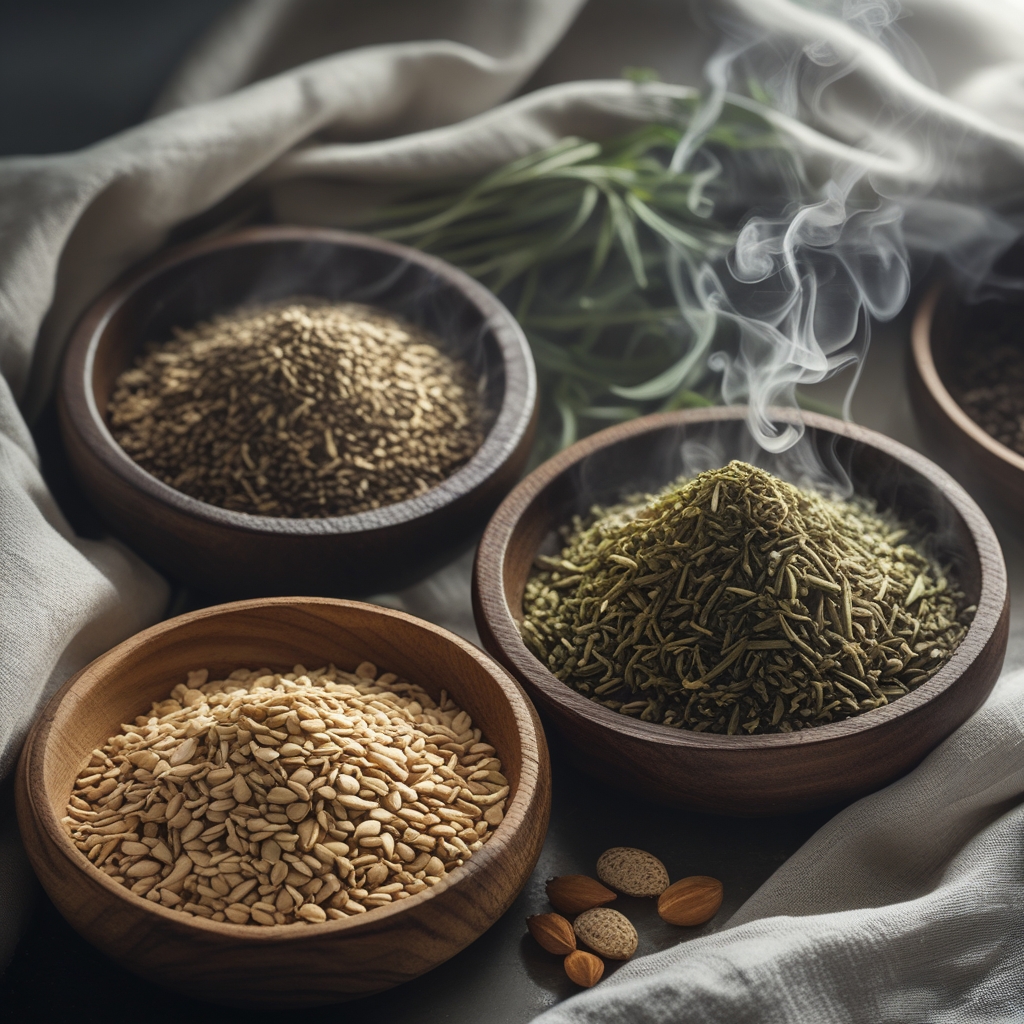 Close-up of various natural seeds, dried herbs, and mineral-rich foods in small wooden bowls on a linen surface with soft natural light